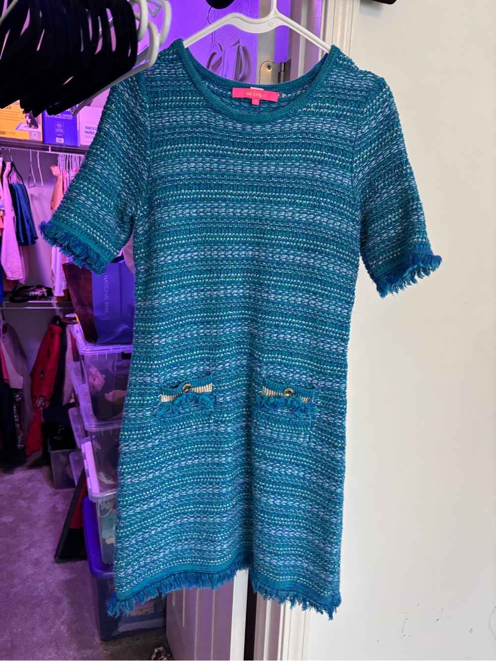 Lilly Pulitzer Teal Tweed Short Sleeve Pocket Dress